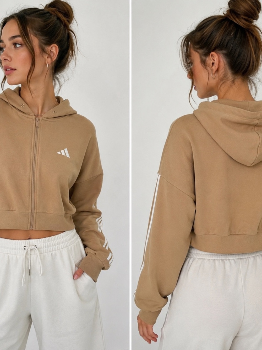 adidas Cropped Tan Zip-Up Hoodie with White Stripes